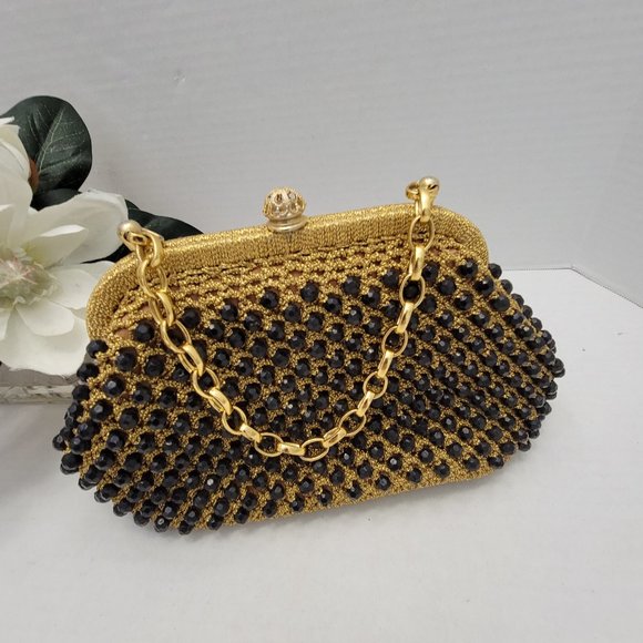 Vintage 50's Womens Gold Black Purse Bag Styled by Simon Italy Weave Beads Night - Picture 14 of 15